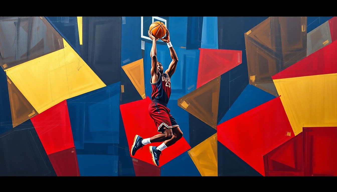 A cubist-style painting depicting a basketball player's jump shot broken down into overlapping geometric shapes in navy, red, and gold, conceptually representing the transformative impact a new player can have on a team's offense.