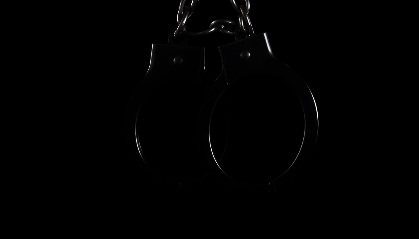 An extreme close-up photograph of a pair of handcuffs against a pitch-black background, conceptually illustrating the apprehension of a criminal suspect.