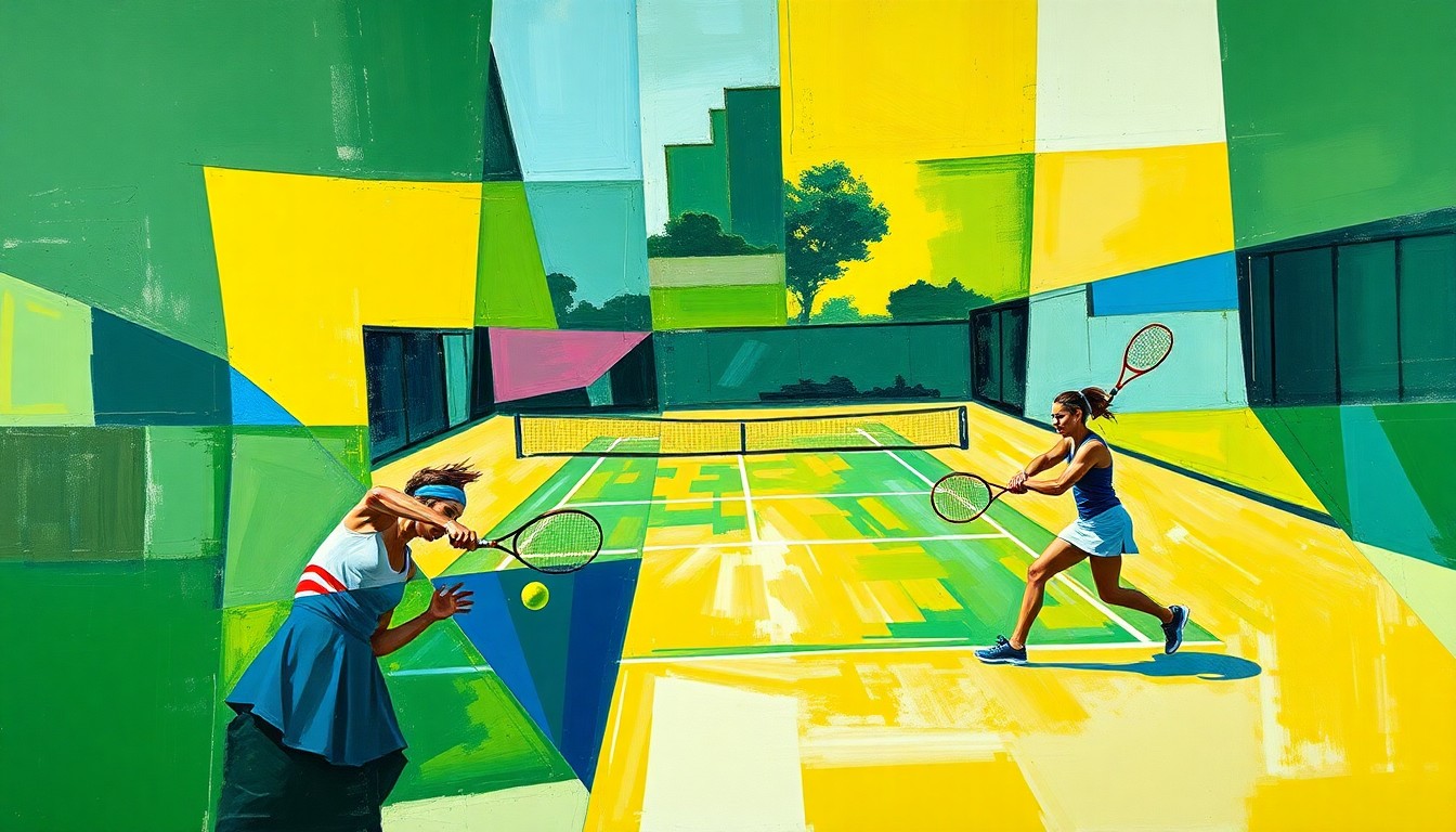 A cubist, geometric painting depicting a women's tennis match, with overlapping planes of color and form representing the dynamic action on the court.