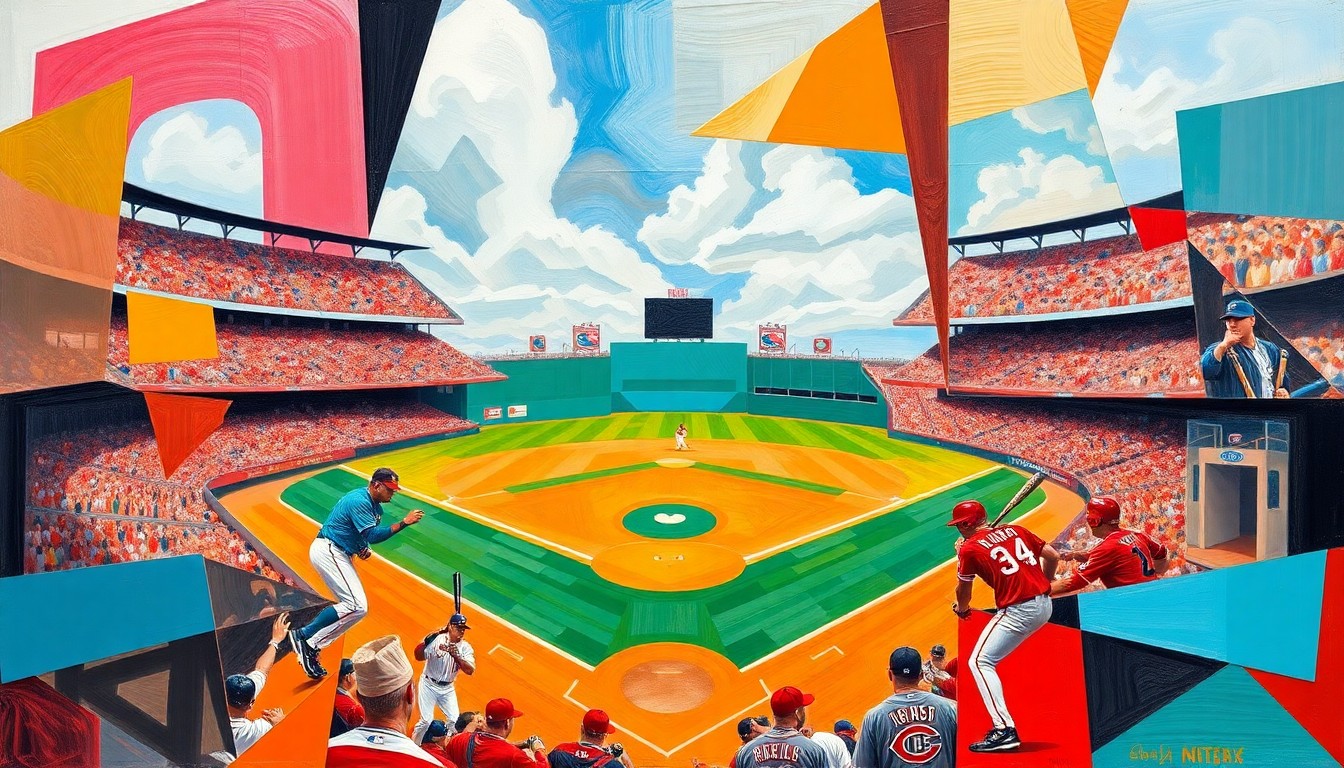 A cubist, geometric painting depicting a baseball game between the Miami Marlins and Cincinnati Reds, with the players and field fragmented into sharp, overlapping planes of vibrant teal, orange, red, and white colors.