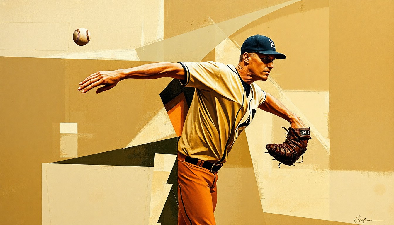 A cubist, geometric painting depicting a baseball pitcher's delivery broken down into sharp, overlapping planes of muted earth tones, conveying the anguish of another injury derailing a comeback.