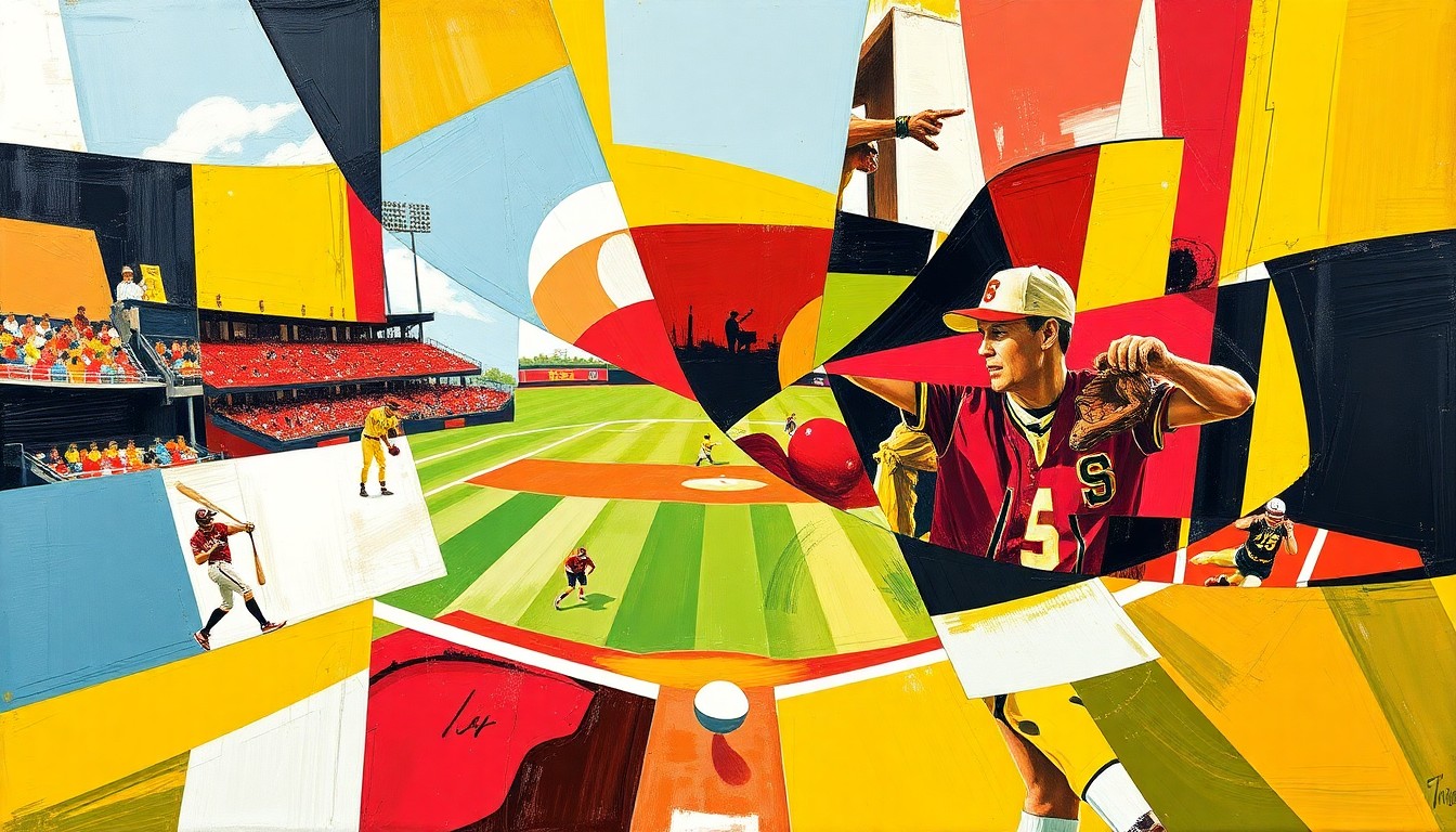 A fractured, multi-perspective painting in bold colors representing the competitive energy of a softball game between the Iowa Hawkeyes and Iowa State Cyclones.