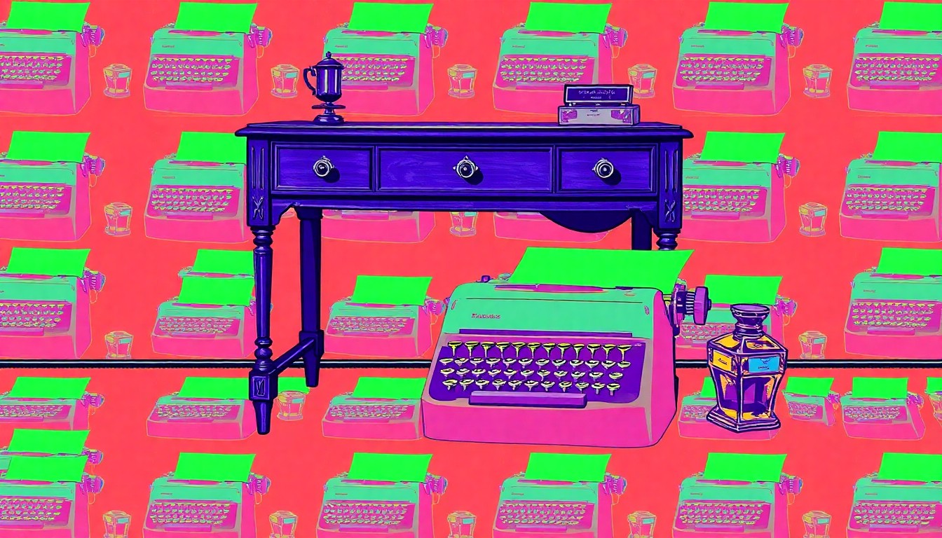 A brightly colored, high-contrast silkscreen print of an antique writing desk, typewriter, and inkwell repeated in a tight grid pattern, conceptually representing the hidden stories of the Civil War home front that will be explored in the upcoming presentation.