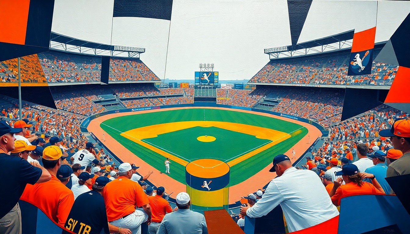 A cubist-style painting featuring sharp, overlapping geometric shapes and planes in navy blue, orange, and white, conceptually representing the dynamic action and scoring of a lopsided baseball game.