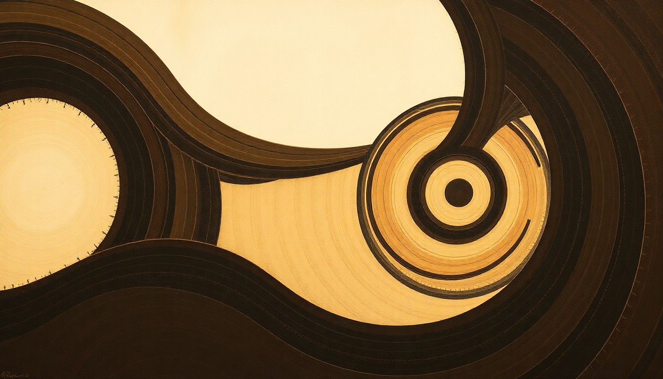 A highly structured abstract painting in soft, earthy tones, featuring sweeping geometric arcs, concentric circles, and precise botanical spirals, conceptually representing the complex interplay of natural forces and agricultural systems explored in a new soil health database.