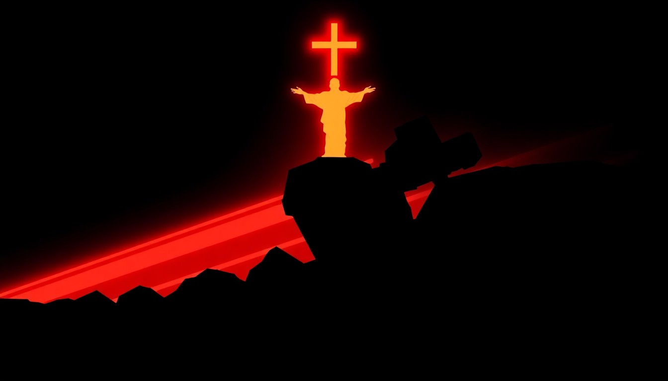 An abstract, minimalist illustration featuring bold, jagged black silhouettes and geometric shapes in high contrast, conceptually representing the massive scale and symbolic power of the 10,000-drone light show depicting 'King Jesus' over North America.