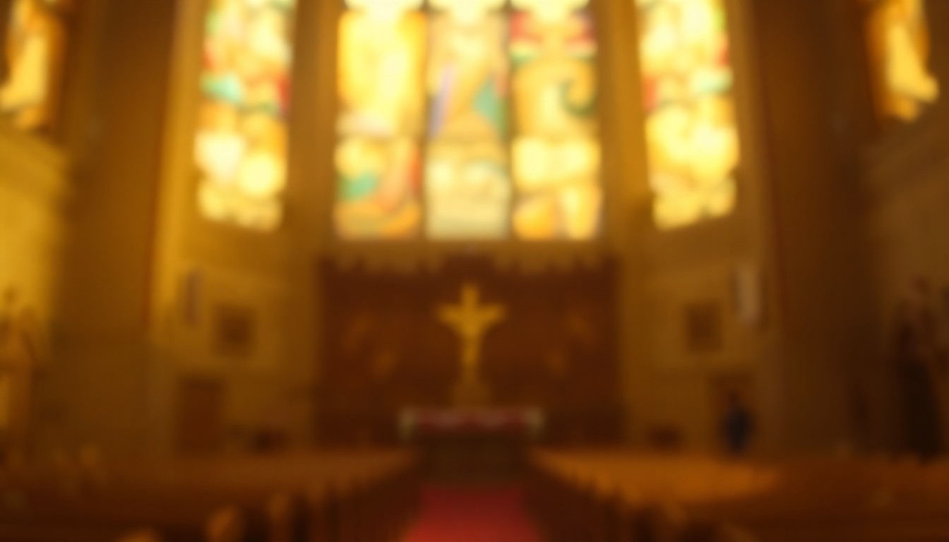 An abstract, out-of-focus photograph in warm, muted tones depicting a blurred, atmospheric scene of a church interior or stained glass window, conveying a sense of spiritual contemplation and reverence.