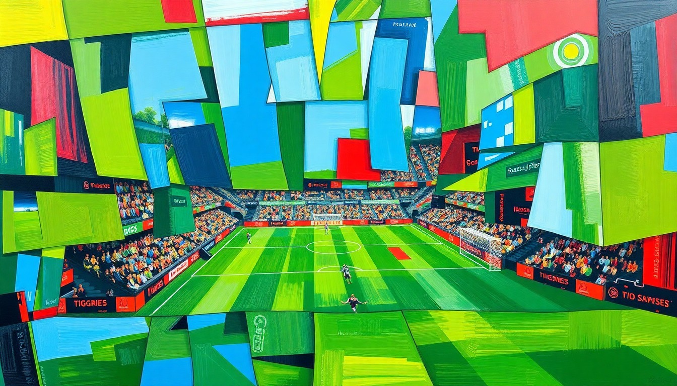 A cubist, geometric painting depicting a soccer match between two teams, with overlapping shapes and planes of color representing the action and intensity of the game.