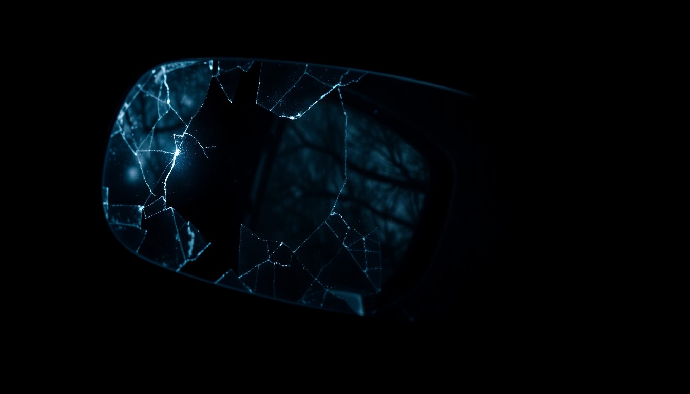An extreme close-up photograph of a shattered car side mirror, reflecting the faint outline of a tree branch, captured against a pitch-black background using a harsh, direct camera flash, conceptually illustrating the aftermath of a fatal crash in a public park.