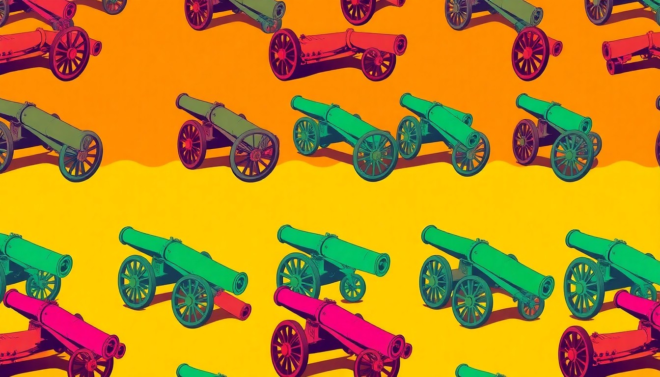 A bold, colorful silkscreen-style grid of a Civil War cannon, rendered in a high-contrast, neon-tinged palette that transforms the historic military object into a modern pop art piece.