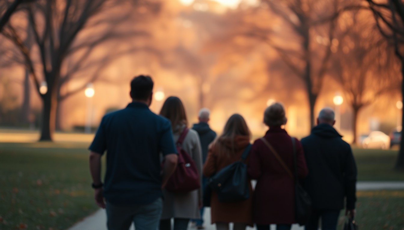 An abstract, impressionistic photograph of people walking together in a park, with soft, blurred colors and lighting creating an intimate, thoughtful mood.