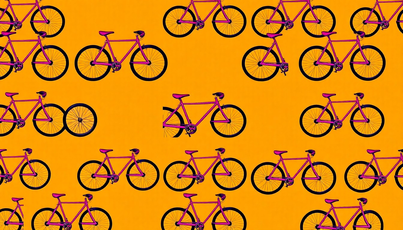 A vibrant, abstract silkscreen illustration of a bicycle icon repeated in a grid pattern, conveying the celebratory energy and educational focus of a community youth safety event.