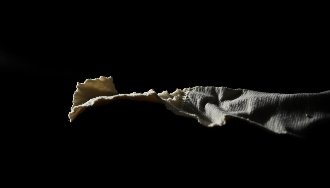 An extreme close-up photograph of a torn piece of fabric or other physical evidence from the crime scene, lit by a harsh, direct camera flash against a pitch-black background, creating a stark, gritty, investigative aesthetic without any text or identifying details.