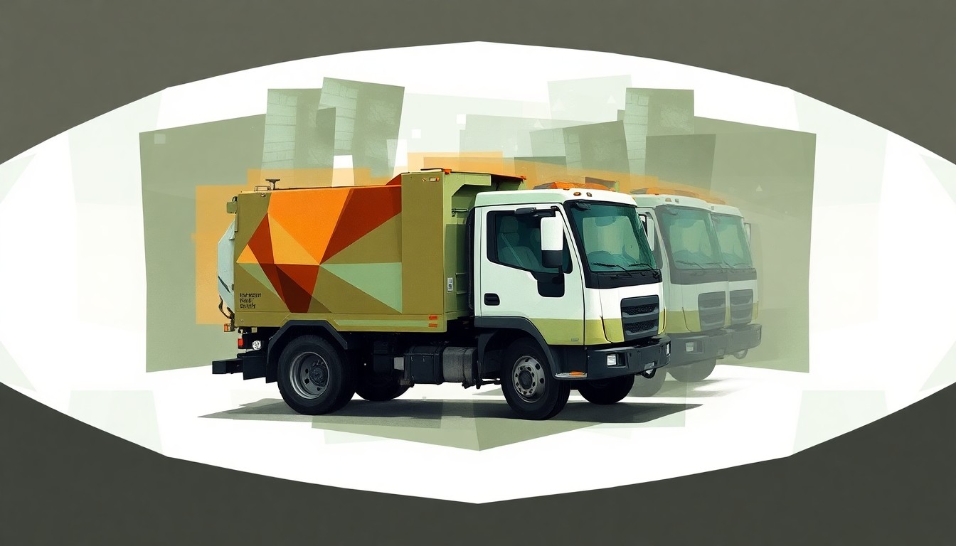 A dynamic, fragmented painting depicting a city street sweeper truck in motion, with the vehicle repeated in overlapping geometric shapes and waves of earthy green, rust orange, and charcoal grey tones, conceptually representing the scrutiny of municipal budgets.