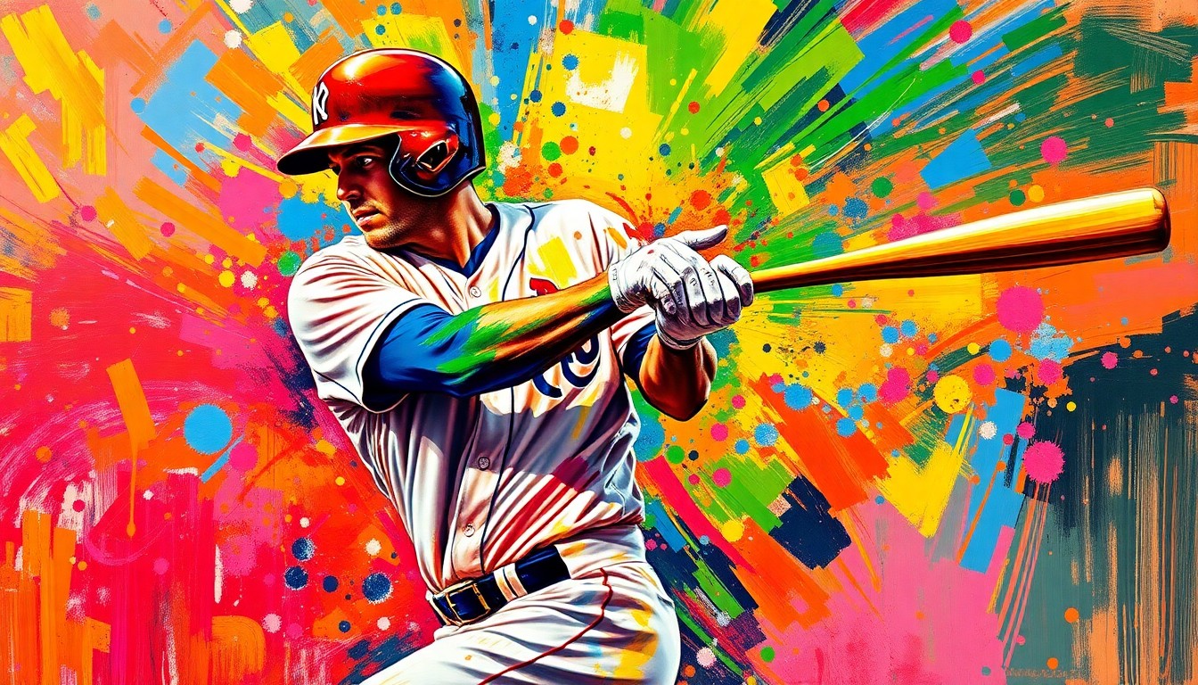 An extreme close-up of a baseball player mid-swing, with vibrant neon brushstrokes capturing the raw power and energy of the moment, the player's face and uniform details dissolving into abstract splatters of color.