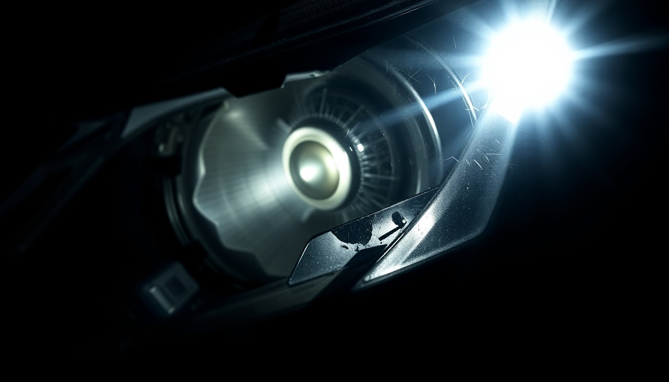 An extreme close-up photograph of a cracked and shattered car sensor lens, reflecting a faint red light, conceptually representing the aftermath of a vehicle collision with a pedestrian.