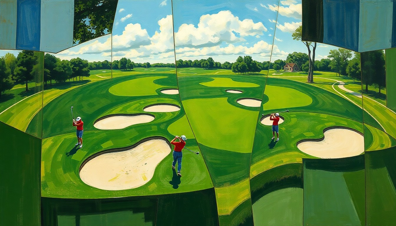 A cubist, geometric painting depicting a high school golf tournament, with overlapping planes of green fairways, sand traps, and players swinging their clubs, capturing the dynamic energy of the competition.