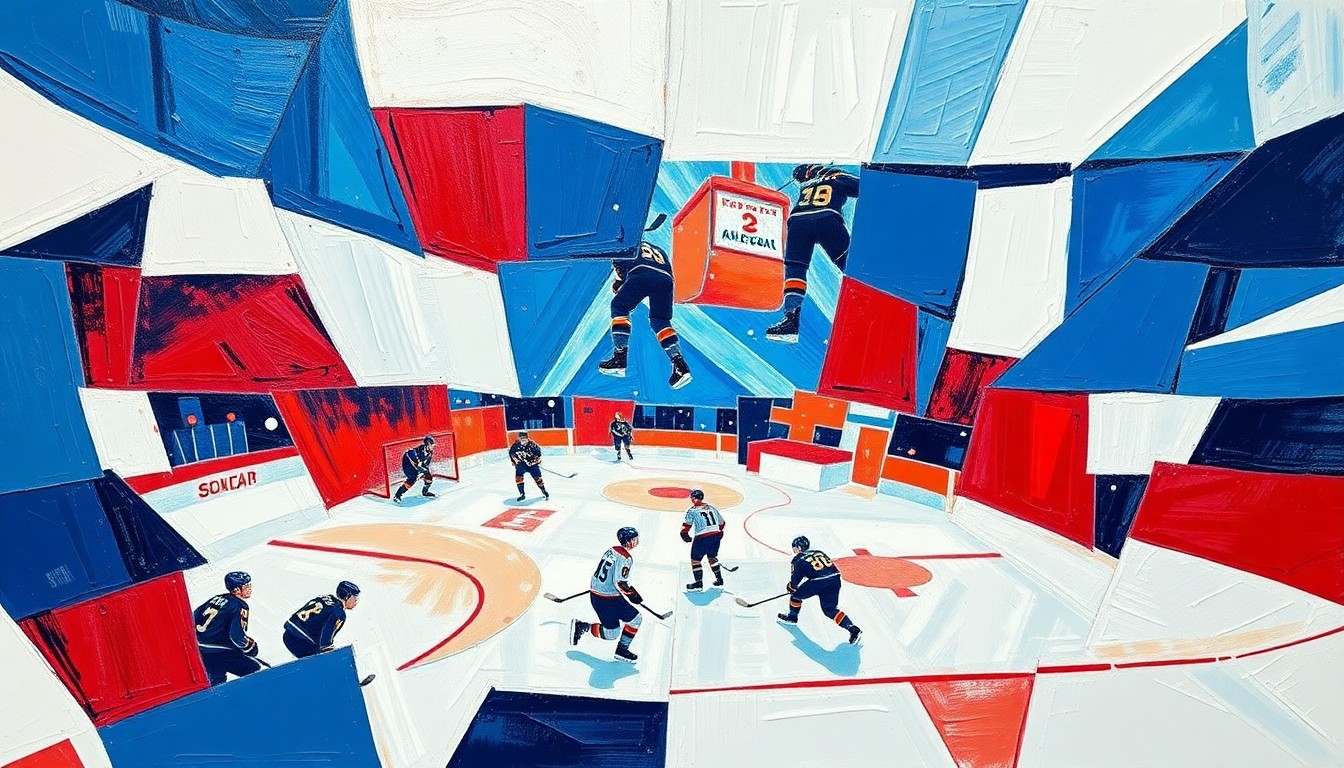 A cubist, geometric painting depicting a hockey game with overlapping planes of blue, red, and white, capturing the dynamic action and energy of the sport.