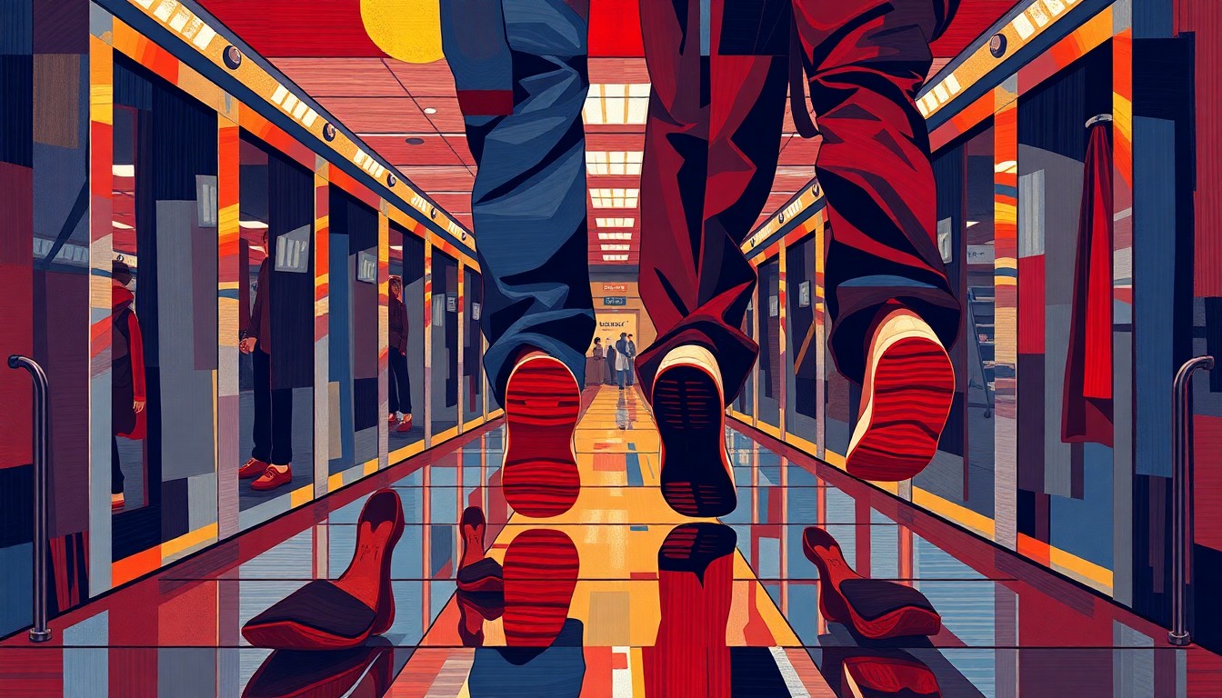 A dynamic, abstract painting depicting the overlapping, geometric shapes of passengers' shoes moving through a security checkpoint, conveying the motion and tension of the political debate around airport security protocols.