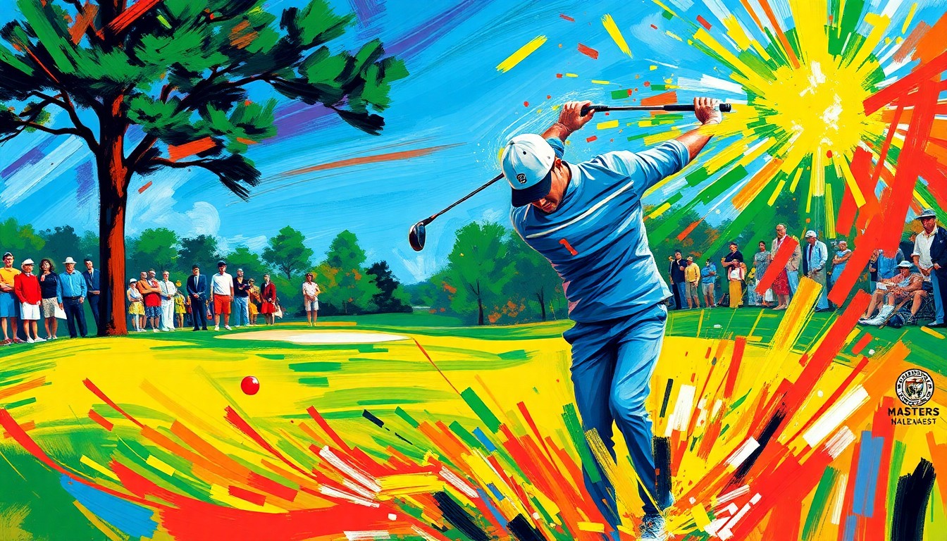 An abstract, energetic painting in neon colors depicting the powerful motion of a golfer swinging a club, conceptually representing the excitement and drama of a player's comeback at the prestigious Masters tournament.