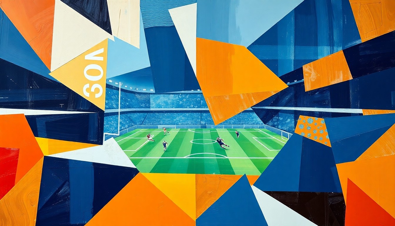 A fragmented, cubist-style painting depicting a football game or match, with sharp, overlapping geometric shapes in navy blue, orange, and white, conveying the dynamic energy and competitive nature of the sport.