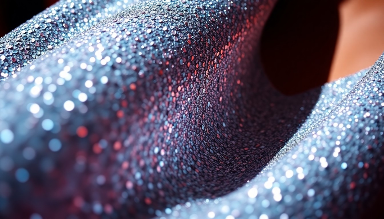 An extreme close-up photograph of sparkling sequins and luxurious fabric textures in high-contrast studio lighting, conveying the glamorous mood of a celebrity red carpet event.
