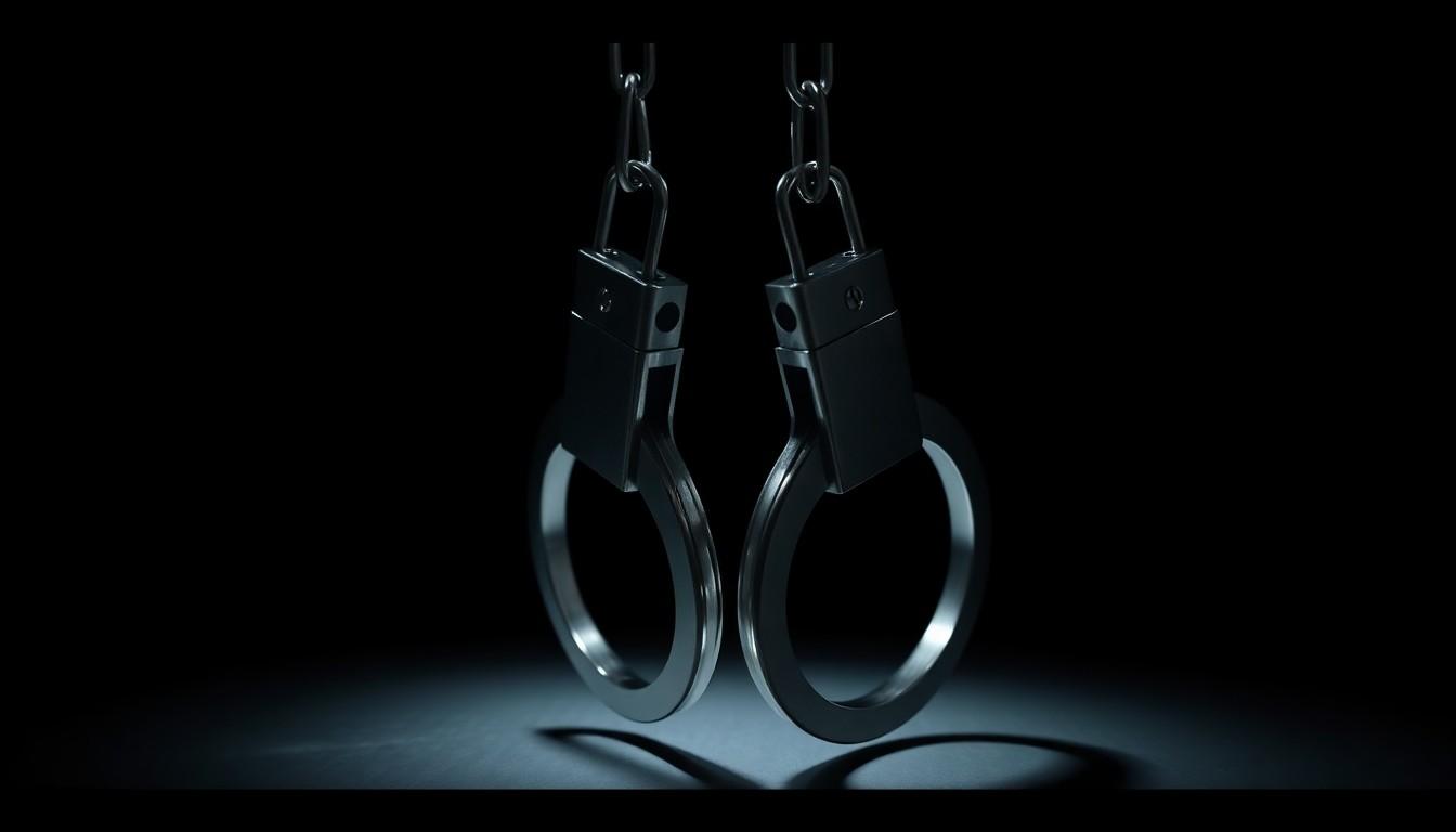 An extreme close-up of a pair of handcuffs reflecting a harsh, direct flash of light, conceptually representing the arrest of a public figure accused of domestic violence.