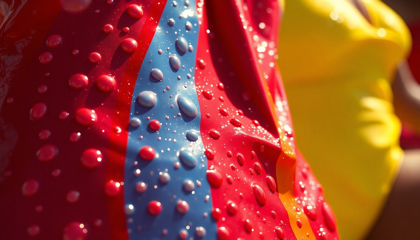 An abstract close-up photograph of brightly colored, shimmering swimsuit fabric, evoking the glamour and energy of a classic Baywatch beach scene.