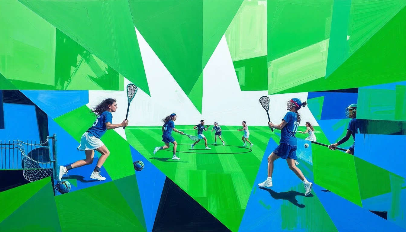 A cubist, geometric painting depicting the dynamic action of a girls lacrosse game, with overlapping planes of bright green, royal blue, and white representing the players, ball, and field.