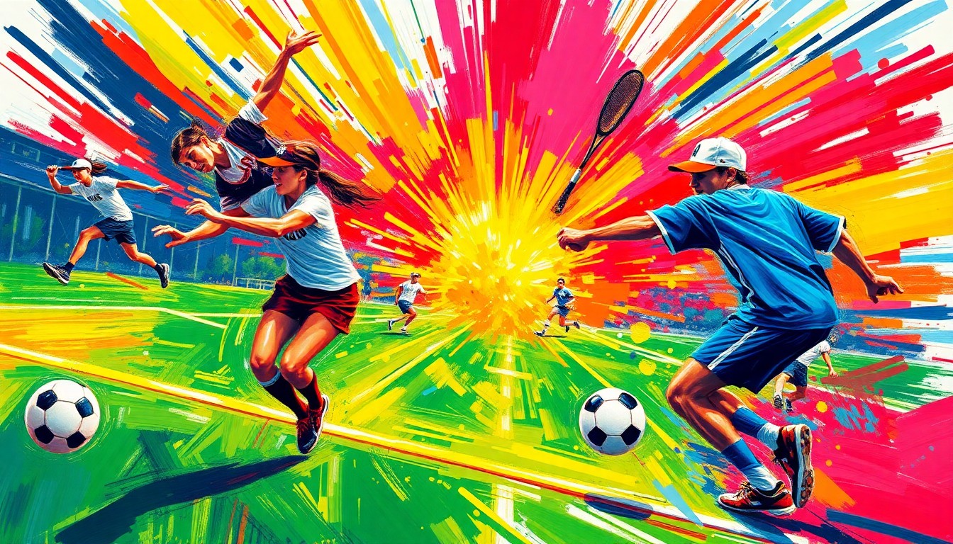 An abstract, expressionist painting in vibrant neon colors, with dynamic brushstrokes capturing the movement and intensity of high school athletes competing in various sports.