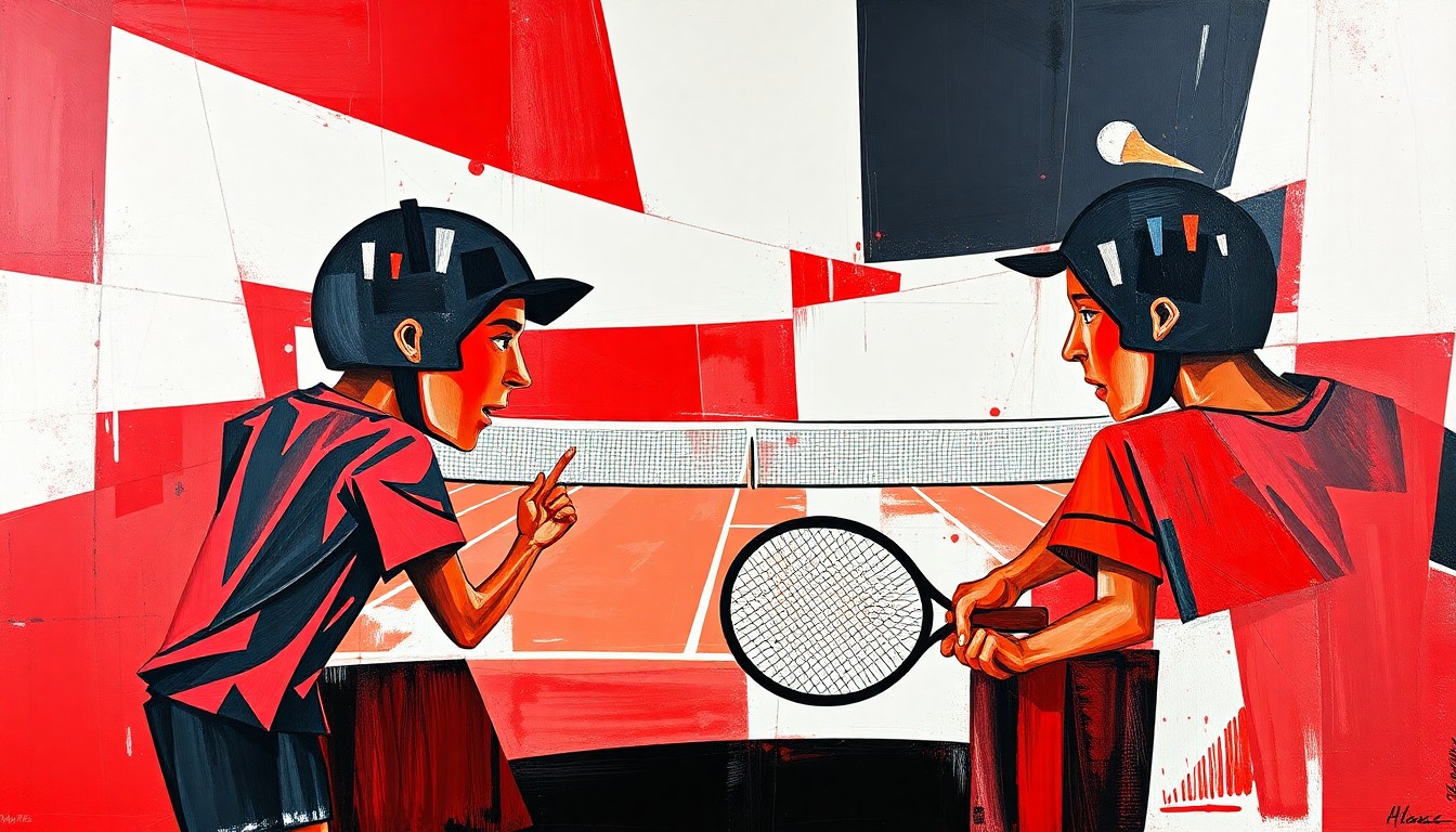 A cubist, geometric painting depicting a high school boys tennis match, with overlapping planes of red, white, and black representing the dynamic action on the court.