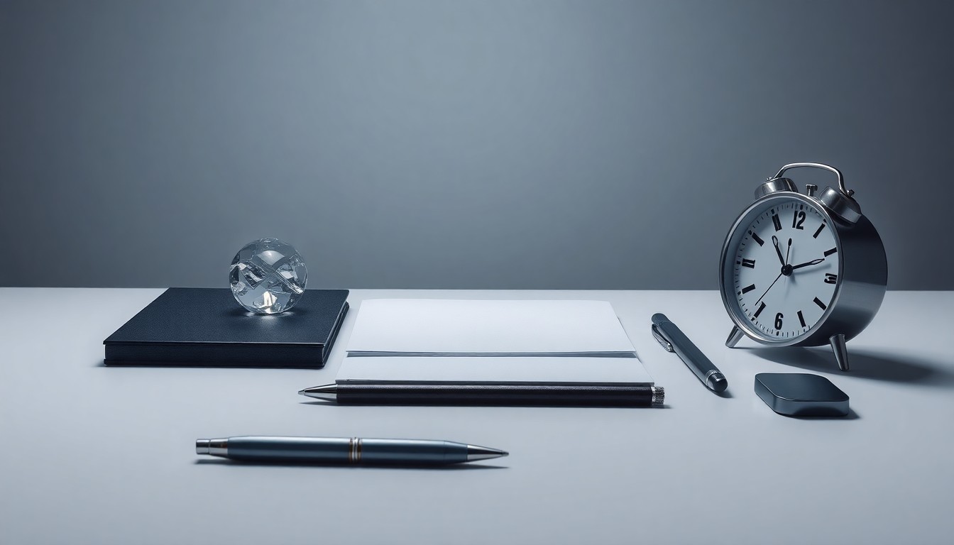 A high-end, photorealistic studio still-life featuring a sleek metal pen, glass paperweight, and minimalist digital clock arranged on a clean, monochromatic background. The dramatic lighting and shadows symbolize the tension between an employee's personal drive for perfection and their supervisor's high standards.
