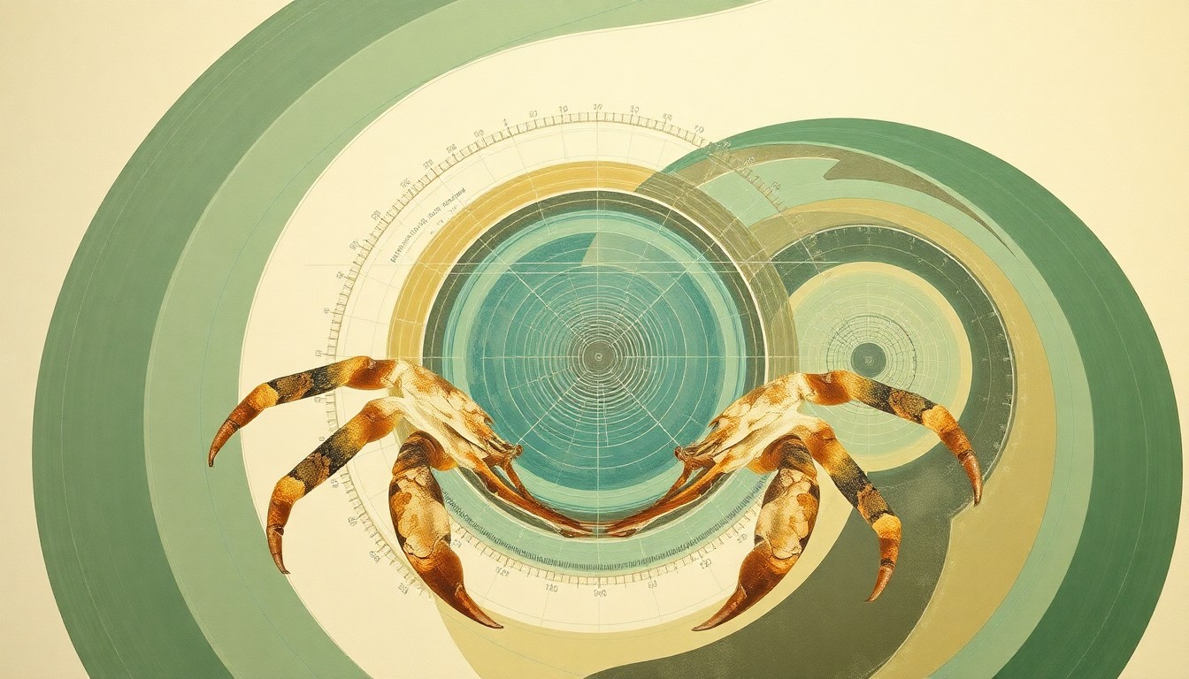 A bold, abstract painting in muted shades of green, blue, and brown, featuring sweeping geometric arcs, concentric circles, and precise botanical spirals, conceptually representing the complex forces driving the mangrove fiddler crab's range expansion into new habitats.