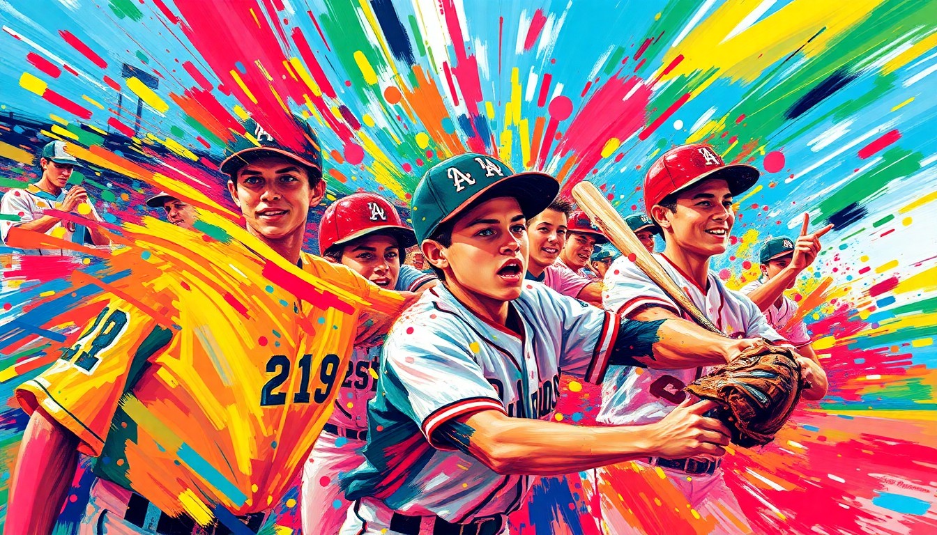 An abstract, energetic painting featuring swirling brushstrokes of neon colors representing the motion and intensity of a high school baseball game.