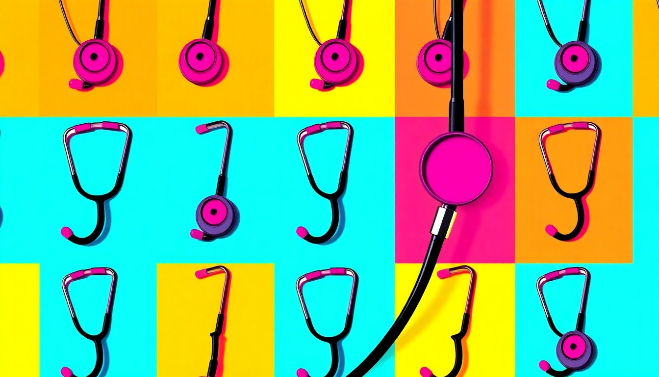 A repeating grid pattern of a brightly colored, high-contrast silkscreen stethoscope, representing the healthcare industry and the state's efforts to support workforce development.