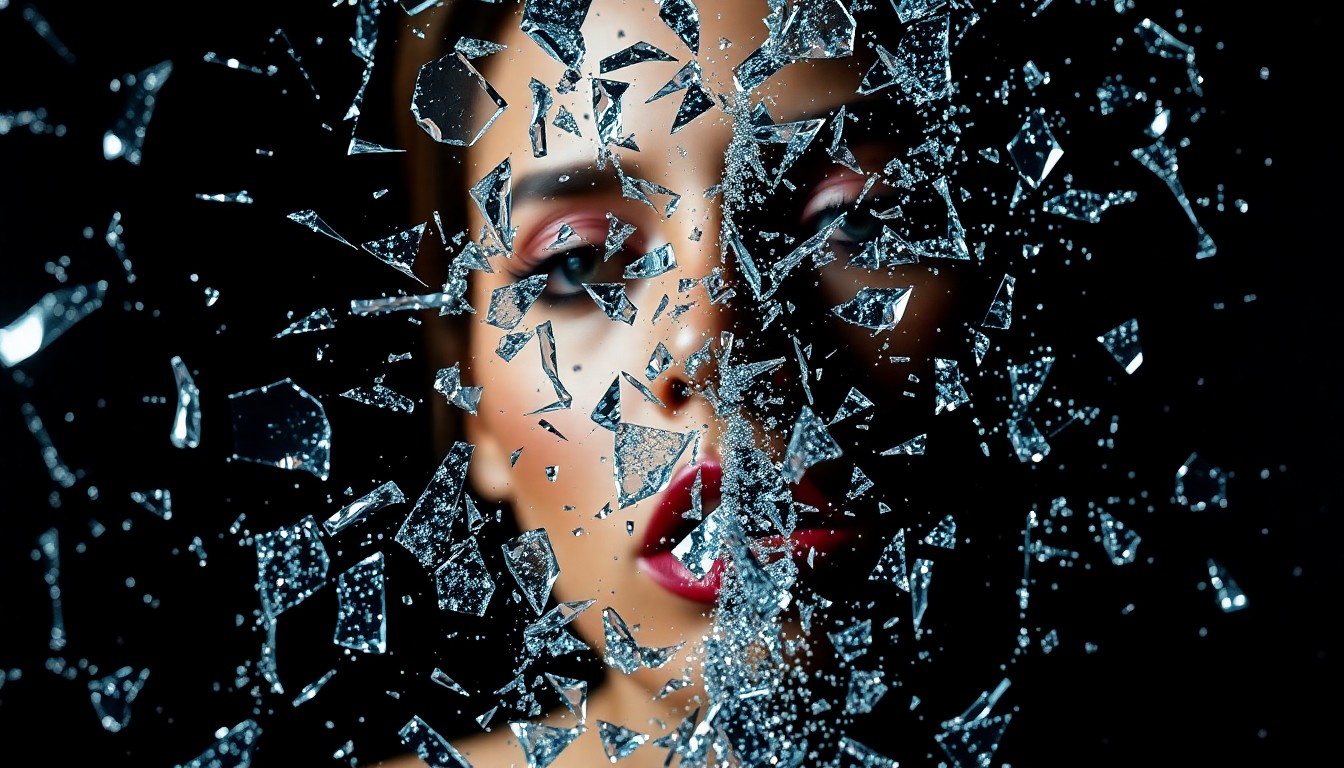 An abstract close-up image of shattered glass and glittering shards, captured in dramatic high-contrast studio lighting to convey the turbulent personal life of a celebrity figure.