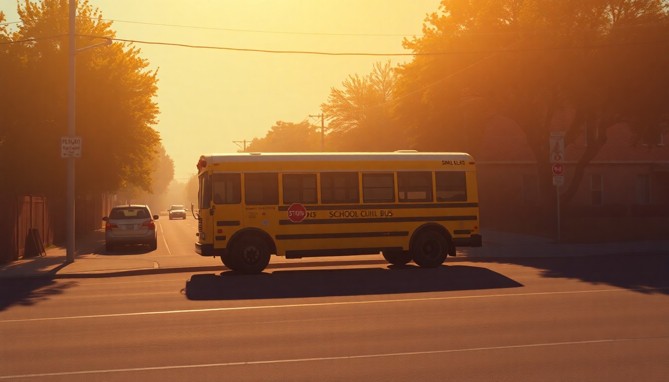 A serene, cinematic painting of a solitary school bus parked on a quiet street, with warm sunlight and deep shadows creating a contemplative mood around the vehicle.