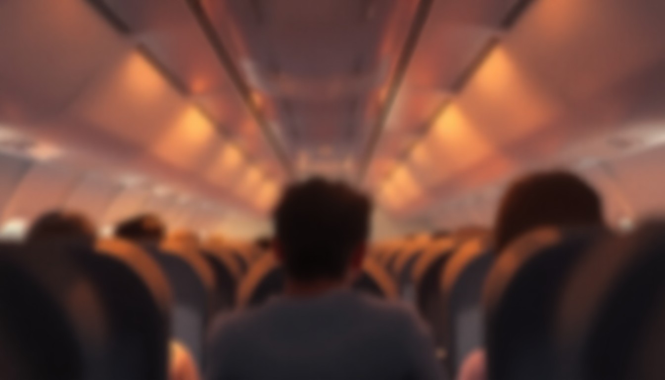An abstract, impressionistic scene of an airplane cabin interior, with soft, blurred shapes and pools of warm, vibrant color, conveying a sense of the emotional and legal complexities surrounding the unexpected birth on the flight.