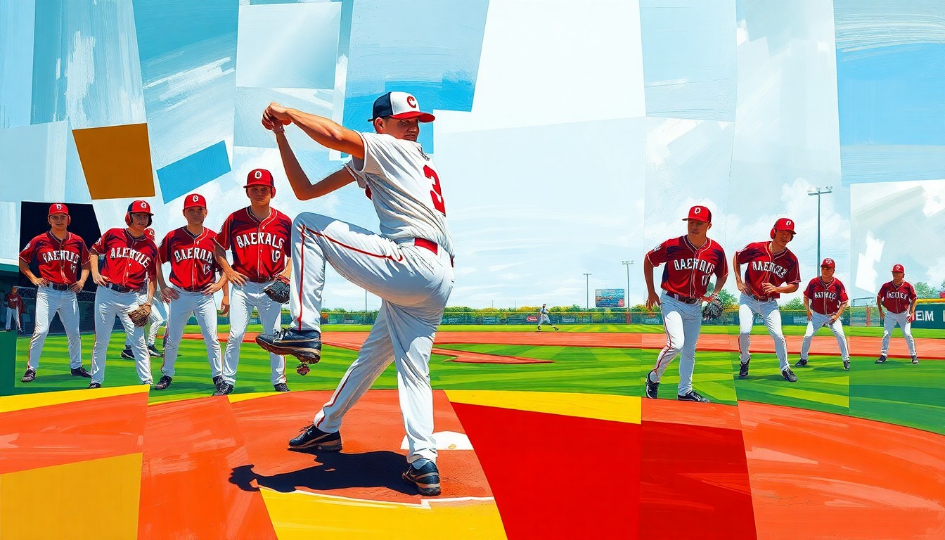 A fractured, multi-perspective painting depicting the windup and delivery of a high school baseball pitcher, with sharp geometric planes in vibrant colors representing the energy and intensity of the game.