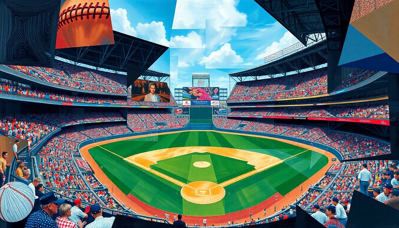 A cubist-style painting featuring overlapping geometric shapes and planes in shades of blue, green, and orange, conceptually representing the chaotic action of a baseball game.