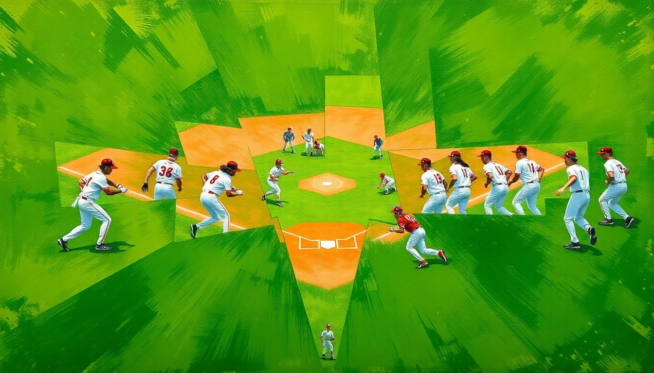 A cubist, geometric painting depicting a high school baseball game, with overlapping planes of green, white, and red representing the field, players, and ball.