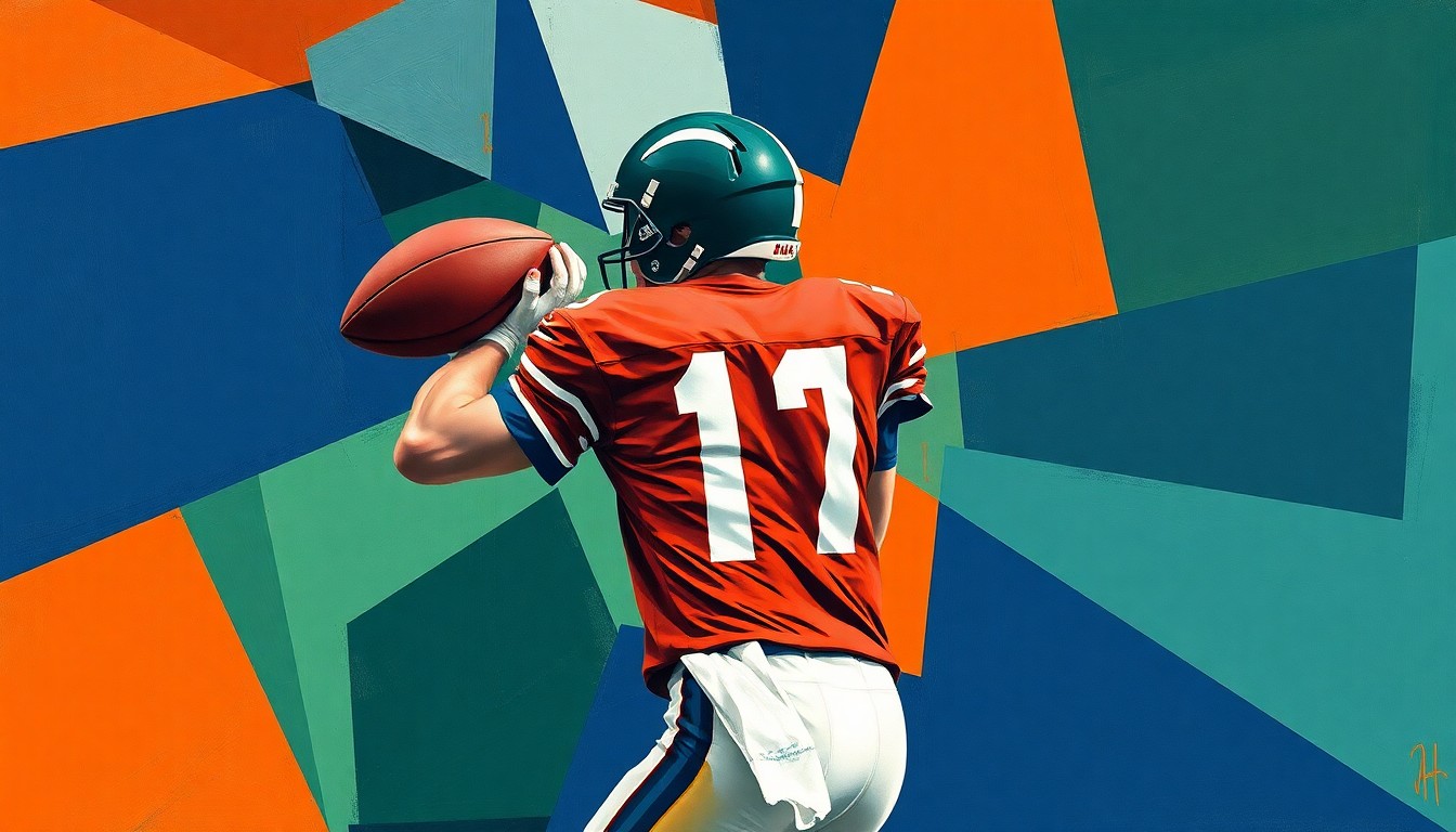A cubist, geometric painting depicting a quarterback dropping back to pass, with the player's form broken down into sharp, overlapping planes of navy, green, and orange, conveying the dynamic competition for the starting job.