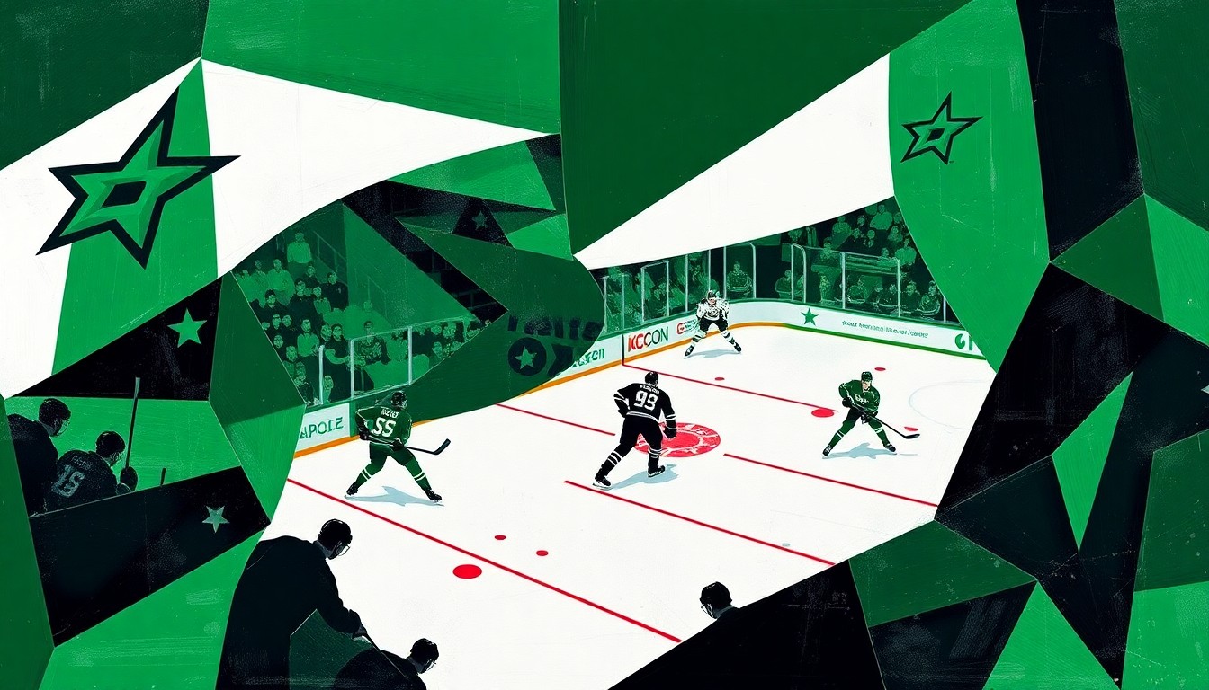 A fractured, multi-perspective painting in the style of Pablo Picasso, breaking a hockey game down into sharp, overlapping geometric planes in the colors of the Dallas Stars and Texas Stars - green, black, and white. The cubist style conveys the dynamic energy and diverse perspectives of hockey's rise in non-traditional markets.