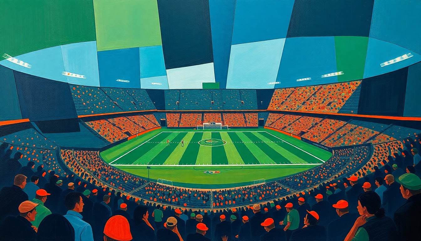 A fractured, cubist-style painting depicting a football stadium and crowd in an abstract, geometric composition using navy, green, and orange tones to conceptually represent the need for increased security measures at the upcoming NFL Draft event.