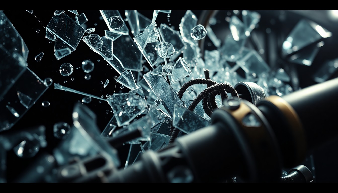 An abstract close-up image of shattered glass and twisted metal, conveying the emotional impact of a violent incident through dramatic lighting and texture.
