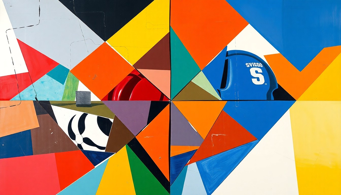 A fragmented, cubist-style painting featuring overlapping geometric shapes and planes in the official team colors of several Orlando-area high schools, conceptually representing the dynamic energy and competitive spirit of their recent district-level sports competitions.