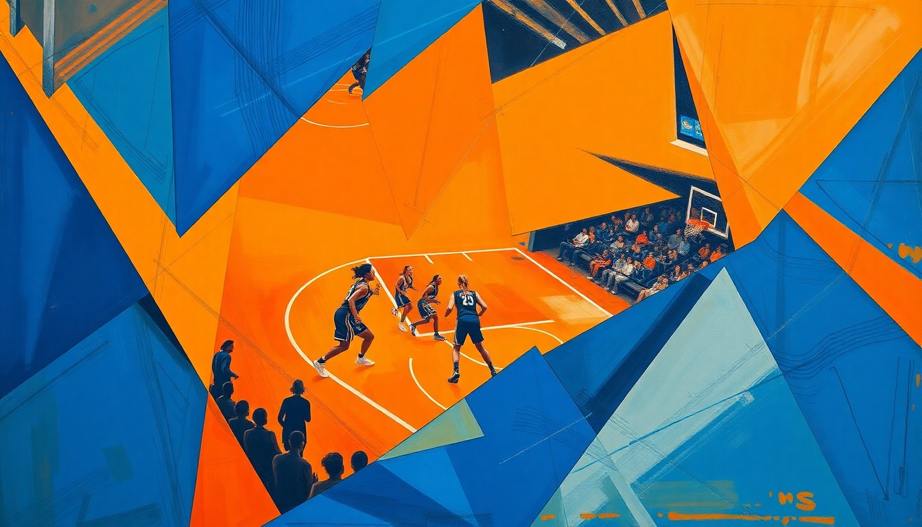 A fragmented, cubist-style painting depicting the chaotic action of a women's basketball game, with overlapping geometric shapes in shades of orange and blue representing the players and court.