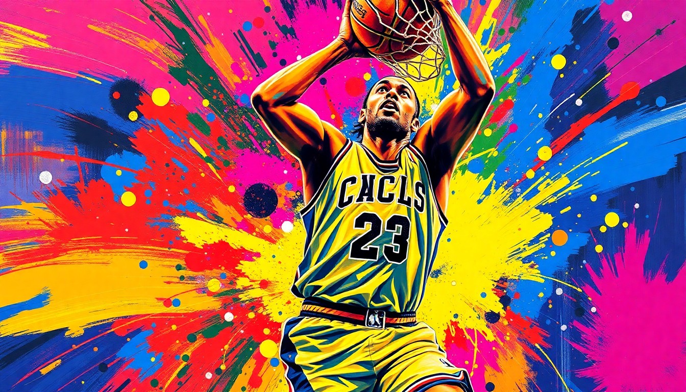 A dynamic, abstract painting in neon colors depicts the blurred, fragmented motion of a basketball player driving to the hoop, conveying the intensity and uncertainty of an in-game injury.