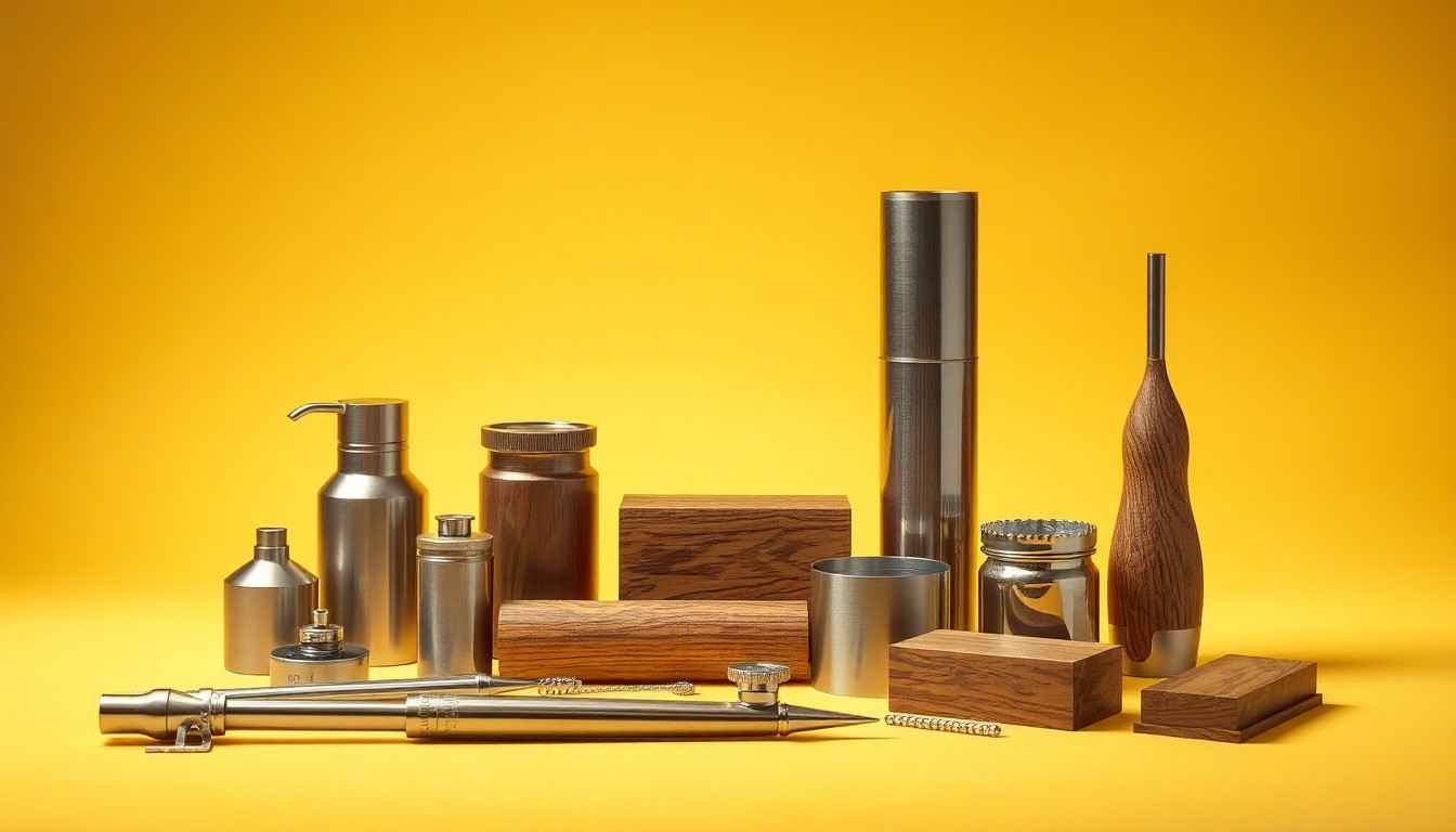 A high-end, photorealistic studio still-life photograph featuring a selection of premium, polished metal and wood objects arranged elegantly on a clean, monochromatic background, conceptually representing the innovative products manufactured across Iowa.