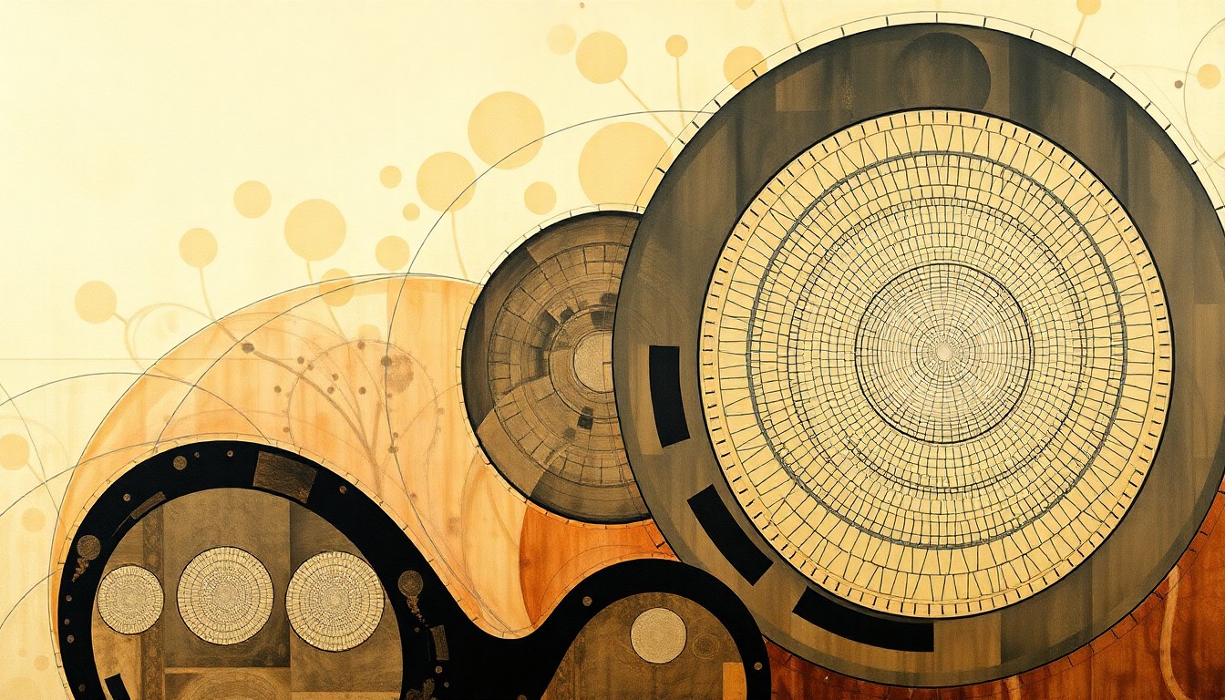 A highly structured, abstract painting in soft earth tones featuring sweeping geometric arcs, concentric circular patterns, and precise botanical spirals, conceptually representing the complex processes and structures involved in neurodegenerative disease research.